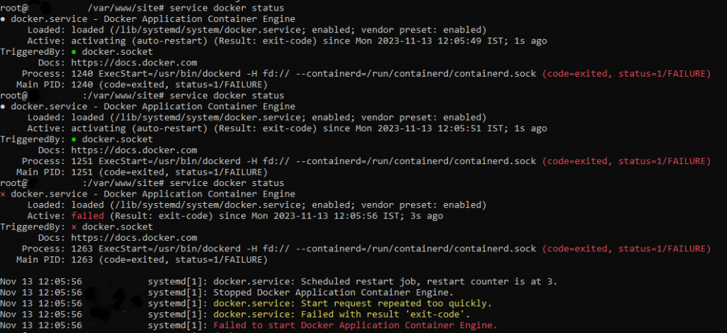 service docker status: Failed to start Docker Application Container Engine.