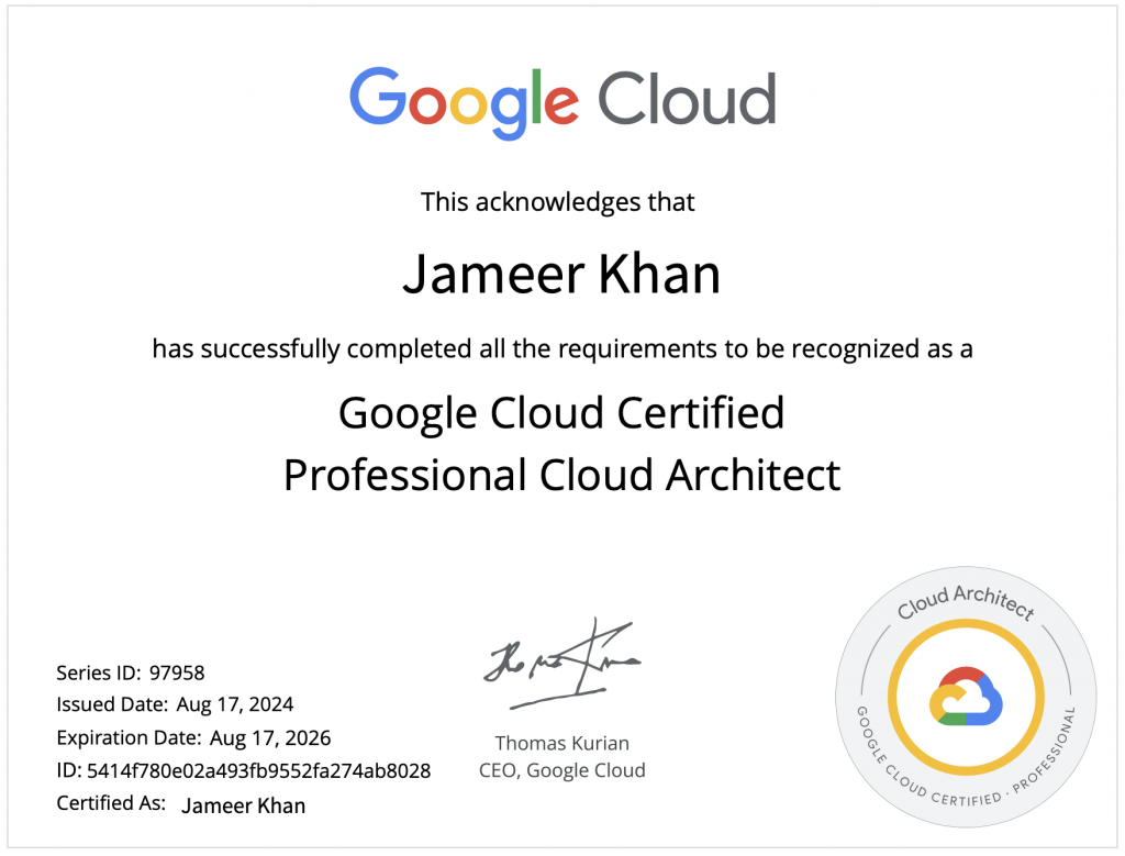 Google certified Professional Cloud Architect certificate